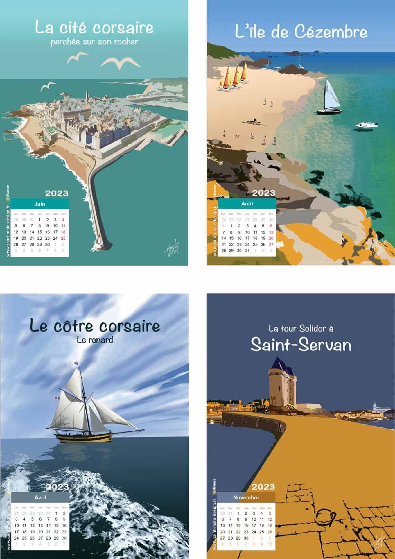 a chaque mois son image : saint-malo intra-muros, ile de cezembre, le voilier le cotre corsaire, la tour solidor a saint-servan